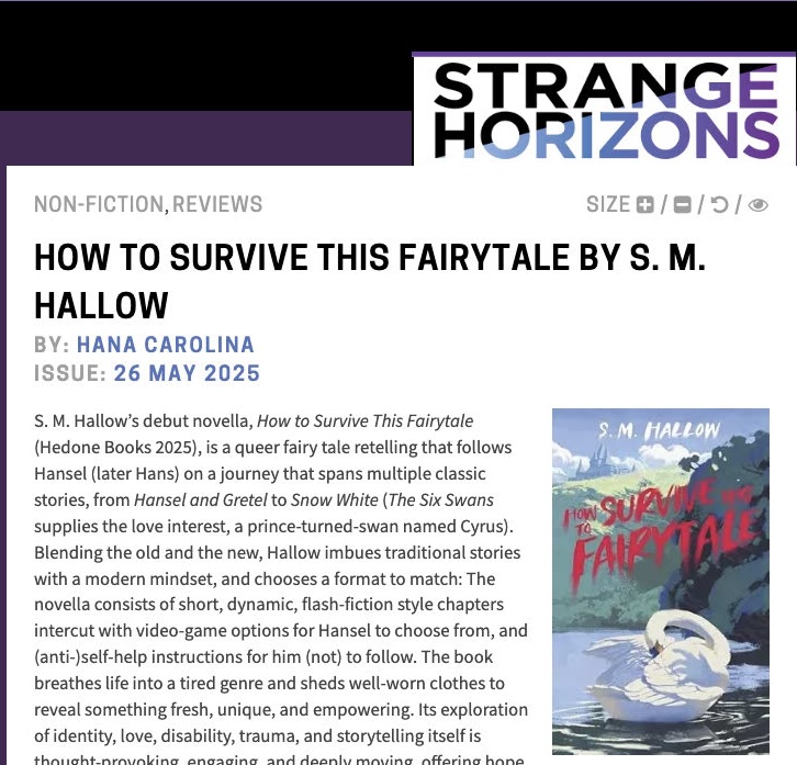 Screenshot of Strange Horizons web site including the intro paragraph to my review of How to Survive This Fairytale by S. M. Hallow